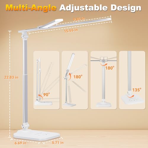 LED Desk Lamp for Office Home, Height Adjustable Architect Desk Light with USB Adapter, Stepless Dimming 50 Lighting Modes, Eye Caring Double Head Computer Desk Lamp for Reading, Study, Workbench - color: White