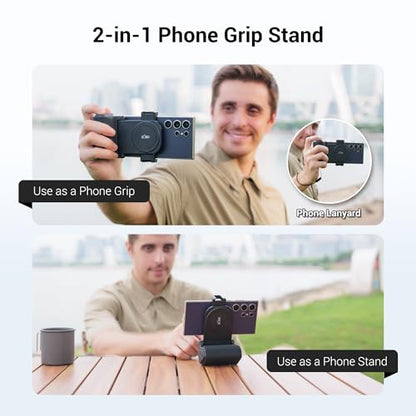 Phone Camera Grip with Remote Control for Smartphones Vlog Shooting | silicone anti-slip grip, detachable remote, dual cold shoe slots, 1/4" tripod thread, design for vlog video shooting - color: Clip on Phone Camera Grip Black