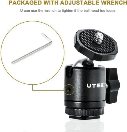 UTEBIT 2 Pack Mini Tripod Ball Head with 1/4" Camera Hot Shoe Mount, Black | 360° Vertical Pan 90° Camera Mount Adapter Photograph Attachment Accessories for Action Cameras Cam Light Microphone - size: 20mm ball head