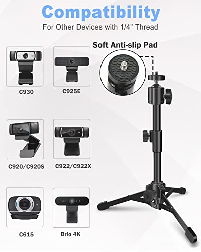 Desktop Webcam Tripod Stand, Extendable Webcam Camera Stand Tripod for Logitech Stream Webcam C925e C922x C922 C930e C930 C920 C615 and Other Devices with 1/4" Thread