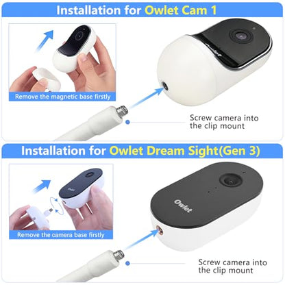 Flexible Clip Mount Compatible with Owlet, Motorola and Other Baby Monitor Camera with 1/4 Threaded Hole Without Tools or Wall Damage - White