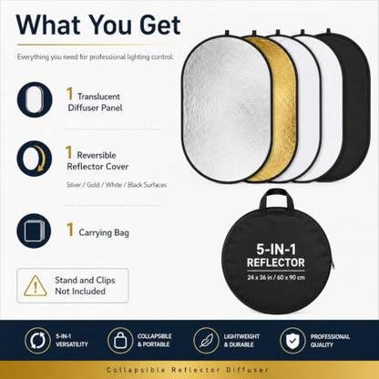 24x36in 5 in 1 Photography Reflector Light Diffuser 60x90cm,Collapsible Reflector Diffuser for Portrait, Product Photography Reflector and Studio Lighting Reflector with Carrying Bag - size: 24x36inch