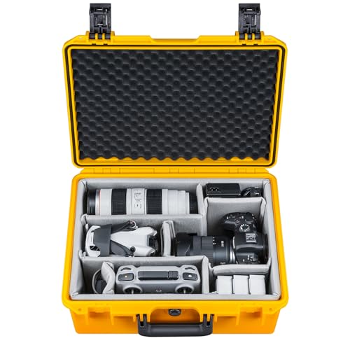 Lykus PVC1 Waterproof Hard Camera Case with Padded Dividers for Cameras, Lenses, Dual DJI Mavic/Air/Mini/Flip drones - color: Yellow PVC1