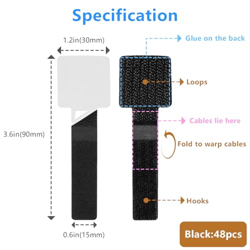 48Pcs Upgraded Under Desk Cable Management Ties - Self Adhesive Sticky Back Hook and Loop Straps, Cable Wire Organizers for Home Office - color: Black
