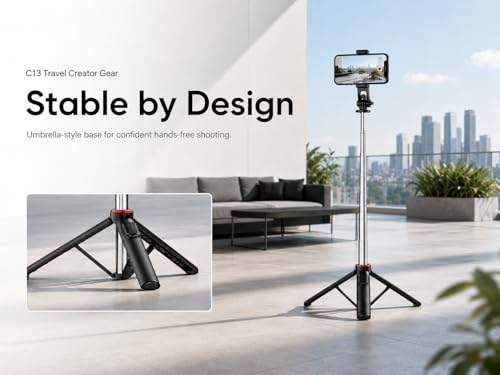 Travel Creator Tripod for iPhone with 1/4 Mount | 52 inch travel creator tripod with remote, 1/4 mount and stable umbrella base for vlogging and action cameras
