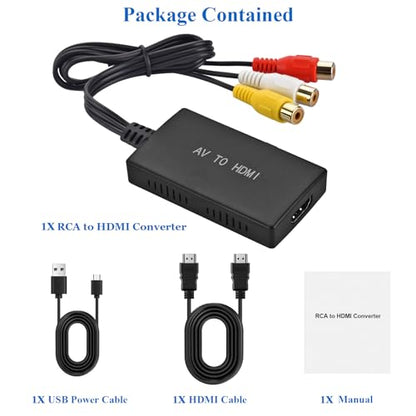 RCA to HDMI Converter,AV to HDMI Adapter,RCA to HDMI Composite Audio Video Converter Compatible with PS1, PS2, PS3, STB, Xbox, VHS, VCR,Black-Ray DVD Players
