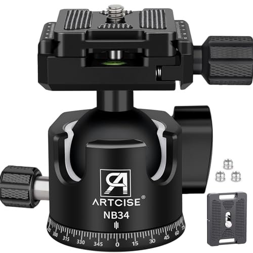 Low Profile Ball Head Heavy Duty Camera Tripod Ball Head 34mm Diameter with Two 1/4" Quick Release Plates for Camera Tripod, Monopod, DSLR,Max Load 33lbs /15kg