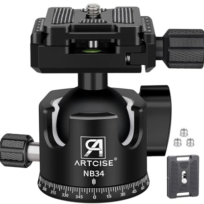 Low Profile Ball Head Heavy Duty Camera Tripod Ball Head 34mm Diameter with Two 1/4" Quick Release Plates for Camera Tripod, Monopod, DSLR,Max Load 33lbs /15kg