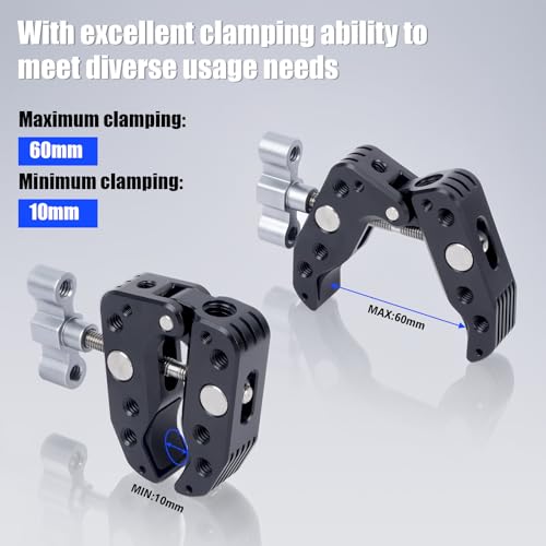 Universal Camera Clamp 10-60mm with 1/4"-3/8" Threads & Positioning Holes - Multi-Angle Adjustable Clamp for DSLR, Bike Handlebar, Desktop Streaming (Lightweight Aluminum Alloy) 62019