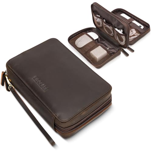 Polare Full Grain Leather Cable Organizer Travel Case Double Layers Electronics Accessories Carry Bag with YKK Zippers All-in-One Tech Storage Pouch for Cords, Power Bank, USB, Charger