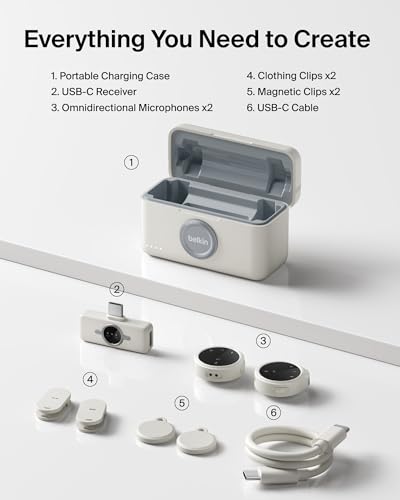 Belkin Stage Wireless Mini Microphone, Wearable Clip On Magnetic Mics for iPhone 17/16/15, Android, 24-bit/48 kHz, Noise Reduction, Dual Lavalier Microphone for YouTube, Vlogging, 36H Battery - style: Microphone