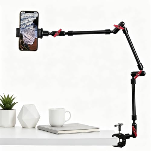 Magic Arm Camera Mount, 32" Aluminum Articulating Arm with Desk Clamp & Standard 1/4" Screw, Heavy Duty Overhead Phone Mount for Video Recording, Live Streaming, Vlogging - size: 32 Inch Arm + Clamp + Phone Clip