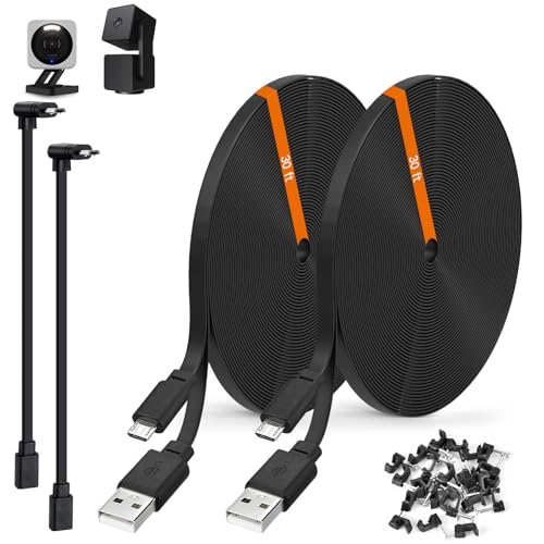2-Pack 30ft Power Extension Cable Compatible with Wyze Cam v4,Wyze Cam Pan v3,Wyze OG,Wyze Cam v3 and v3 Pro Security Cameras - 9m Long Flat USB to Micro USB Charging Cord with L-Shaped Adapter, Black - color: Black, size: 30 Feet