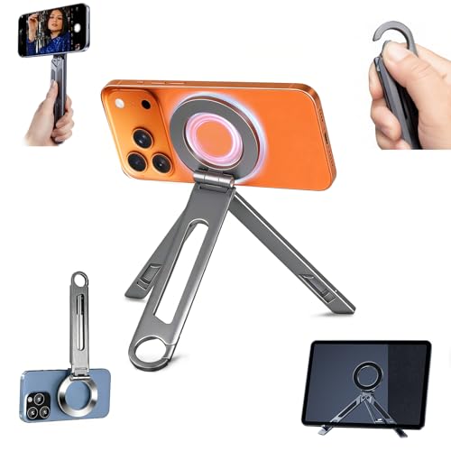 Magnetic Phone Tripod Stand for iPhone iPad, Aluminium Portable Phone Tablet Holder with Carabiner Smartphone Mini Tripod Stand Strong Magnet Compatible with iPhone 17 16 15 14 13 12 iPad Series