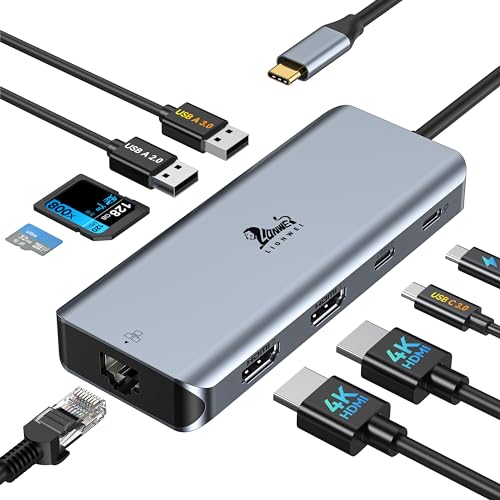 LIONWEI 9 in 1 Laptop Docking Station, Dual HDMI, 100W PD, USB C 3.0, Ethernet, Audio/Mic, USB C Hub for Dell/Surface/HP/Lenovo Laptops - color: 9-in-1 (2 HDMI)