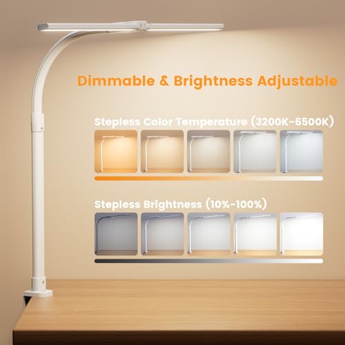LED Desk Lamp - Bright Dimmable Computer Lamp, 24W Bendable Desk Light for Monitor Screen, Eye-Caring Tall Desktop Light for Task Home Office Work, White, Dual Head - style: Clamp Version - White