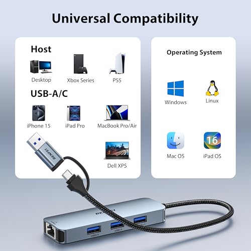 BENFEI USB-C to Gigabit Ethernet Adapter with 3-Port USB 3.0 Hub, RJ45 Network Adapter Compatible with MacBook Pro/Air, iPad Pro, iMac, Galaxy S23, XPS 17, Surface Book 3 - style: USB sideways