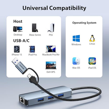 BENFEI USB-C to Gigabit Ethernet Adapter with 3-Port USB 3.0 Hub, RJ45 Network Adapter Compatible with MacBook Pro/Air, iPad Pro, iMac, Galaxy S23, XPS 17, Surface Book 3 - style: USB sideways