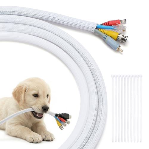 Yecaye 10ft - 1/2 inch Cable Sleeve Cord Protector, Split Braided Wire Loom Tubing for TV Computer USB Cable Power Cord, Cable Management Cord Protectors from Pets no Chew, White (with 10 Zipties) - color: White, size: 1/2"-10ft