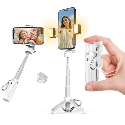 Selfie Stick Tripod with Fill Light & Bluetooth Remote | 3-in-1 portable selfie stick, tripod stand & fill light. Bluetooth remote, 360° rotation. Compact foldable design for travel - color: White, style: Lighted model