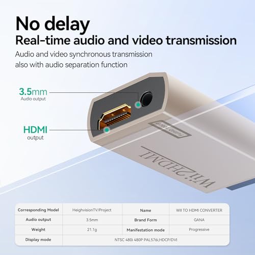 GANA Wii to HDMI Converter Adapter with Hdmi Cable Connect Wii Console to HDMI Display in 1080p Output Video with 3.5mm Audio Supports All Wii Display Modes Khaki - color: wii to hdmi Khaki