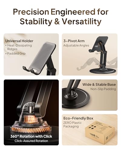 COOPER 360° Stand, Rotating Cell Phone Stand for Desk | Sturdy Metal Base, Foldable, Portable | Cell Phone Holder for Desk (Piano Black) - color: A - Piano Black