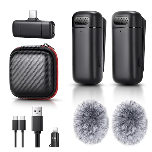 Mini Wireless Lavalier Microphone for iPhone/Android/Laptop, Plug & Play mini Mic with USB C Receiver and Lightning Adapter, Noise Reduction Clip on Wireless Microphone for TikTok, YouTube