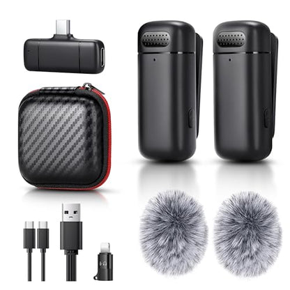 Mini Wireless Lavalier Microphone for iPhone/Android/Laptop, Plug & Play mini Mic with USB C Receiver and Lightning Adapter, Noise Reduction Clip on Wireless Microphone for TikTok, YouTube