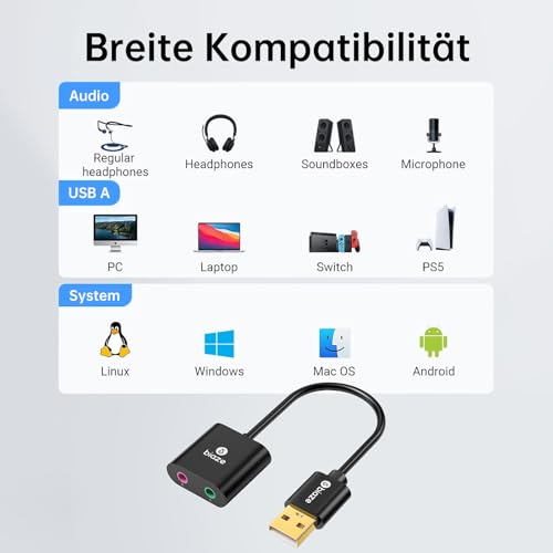 USB to 3.5mm Jack Audio Adapter External Sound Card with 3.5mm Headphone and Microphone TRS Jack to USB Compatible with Windows, Laptops, Desktops Windows, MAC, Linux, PC, PS5, PS4 - color: A-Black