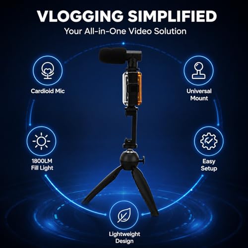 Portable Mobile Phone Photography Kit with Fill Light Microphone Tripod Red - Compact Vlogging Microphone Kit, Recording Equipment for Content Creator and Live Streaming (Black)
