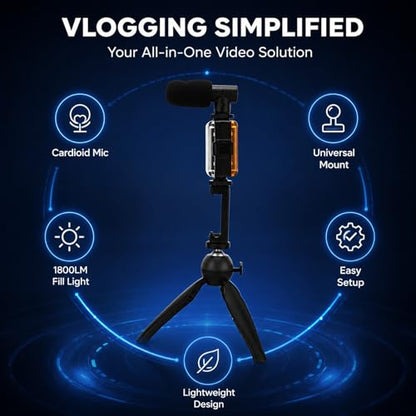 Portable Mobile Phone Photography Kit with Fill Light Microphone Tripod Red - Compact Vlogging Microphone Kit, Recording Equipment for Content Creator and Live Streaming (Black)