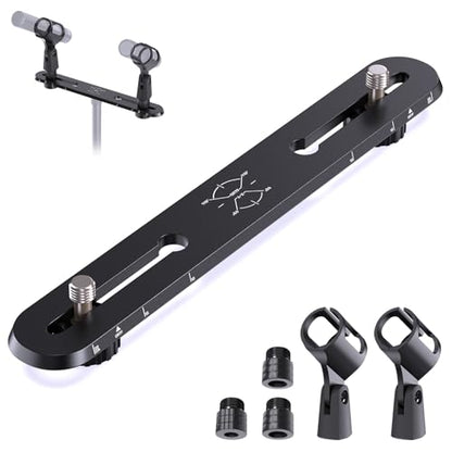 Stereo Array Spacing Microphone Bar Holder, Dual Mic Stand, Heavy-Duty Aluminum with Ruled Markings, Holds 2 Mics - X-Y and ORTF Mic T-Bar Bracket, Fits 3/8" 1/4" and 5/8" Mic Stands