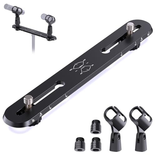 Stereo Array Spacing Microphone Bar Holder, Dual Mic Stand, Heavy-Duty Aluminum with Ruled Markings, Holds 2 Mics - X-Y and ORTF Mic T-Bar Bracket, Fits 3/8" 1/4" and 5/8" Mic Stands