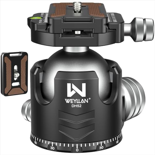 Low Profile Ball Head 52mm Tripod Head WEYLLAN DH52 Camera Head Mount, CNC Heavy Duty Ball Head with Two 1/4" Quick Release Plates, Panoramic Ballhead for Tripod, Monopod, DSLR, Max Load 66lbs /30kg - size: 52mm