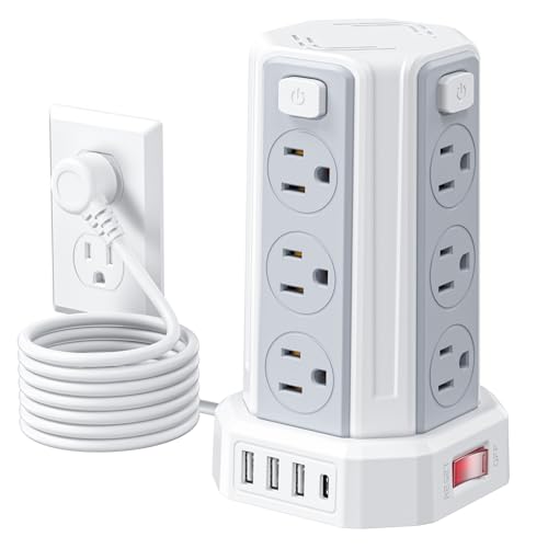 Power Strip Surge Protector, 6.5 Ft Extension Cord with 12 AC Multiple Outlets 4 USB (1 USB C), SMALLRT Power Tower Desktop Charging Station - color: White, size: 6.5 ft