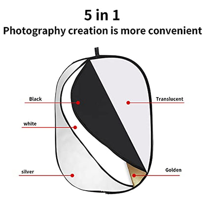 Godox 59″x79″/150x200cm Collapsible Photography Light Reflector, 5-in-1 Oval Multi Disc Diffuser with Carrying Bag - Gold, Silver, Black, White, Translucent for Video Studio Outdoor Lighting - size: 59″x79″/150x200cm