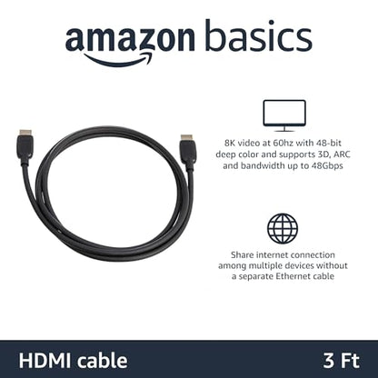 Amazon Basics HDMI 2.1 Cable, 8K@60Hz 4K@120Hz, 48 Gbps Ultra High Speed, 3 Feet, Compatible with PS5/Xbox/TV/Monitor, Black