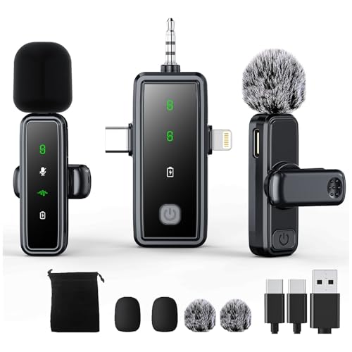 3 in 1 Wireless Lavalier Microphones for iPhone/Android/Camera, 2 Pack Mini Microphone LED Display Lapel Omnidirectional Mic with Mute/Reverb/Noise Reduction for TikTok/Podcast/Vlog Recording - size: Lighting+Type C+3.5 mm Jack