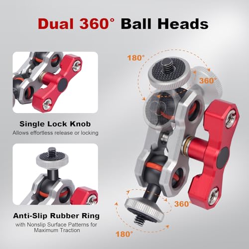 Dual Ball Head Camera Mount with 360 Degree Adjustment - Aluminum Alloy Clamp for Insta360/GoPr0/Camera Cage/LED Light/Microphone - 1/4" & 3/8" Screw Holes with Anti-Slip Design 61013