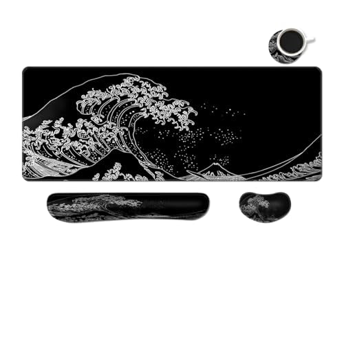 MIBITRI Keyboard Mouse Pad Set, Extended Gaming Mouse Pad+Ergonomics Keyboard Wrist Rest Support, Memory Foam, Easy Typing Pain Relief, 4Pcs XXL Ultra Thick Desk Mat, Japanese Wave - color: Japanese Wave
