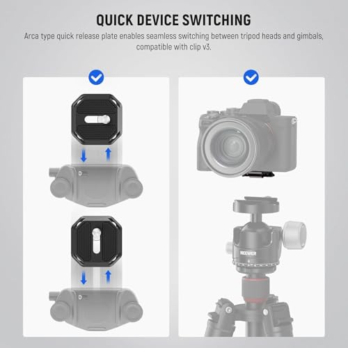 NEEWER GM34 Camera Quick Release Plate Kit, Quick Switch Auto Lock Square QR Mount Plate with Arca Type Clamp Base, Compatible with Arca Swiss Camera Clip, Max Load 11lb/5kg