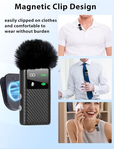 Wireless Mini Microphone for iPhone iPad Android Phone, Noise Reduction, 25H Battery Charging Case, Plug and Play Magnetic Clip on Lavalier Mics for Video Recording Podcast Vlogging