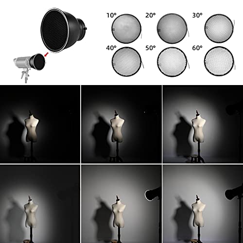 Soonpho Standard Reflector Beauty Dish Diffuser Lamp Shade 7"/ 18cm Photography with 10°/20°/30°/40°/50°/60° Degree Honeycomb Grid,6 Colors Soft Cloth for Studio Strobe Flash Light Speedlite