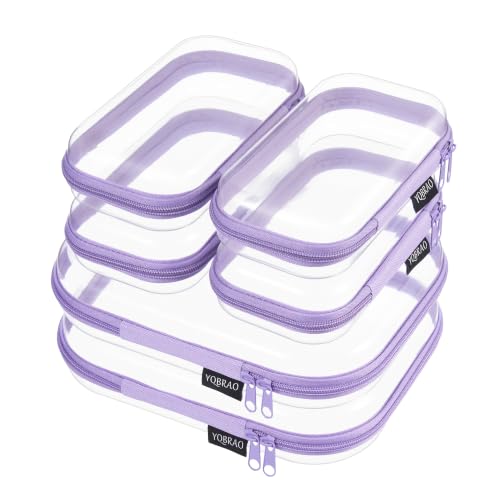 6 Pack Purple Clear Hard Shell Beauty Organizer (2M+4S), 1.2mm Heavy Duty Crush-Proof Cosmetic Case, Reinforced YKK Zippers, Stadium Approved Security Bag for Skincare & Electronics, Multi-Size Set - color: Purple, size: 6 Pack (2M+4S)