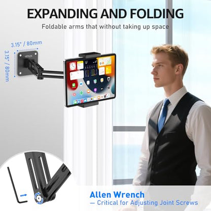 Urmust Dual Arm Tablet Wall Mount Ipad Holder, 4.7-13" | 360° Rotation Adjustable, Aluminum Extendable Arm, For iPad mini/Air/Pro/Galaxy Tab/Kindle, Kitchen Home Office - size: 2 Arm-Up to 13"