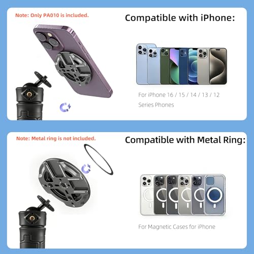 Magnetic Phone Mount Plate with 1/4"-20 Thread & Cold Shoe, N52 Strong Magnet 15N Hold, Aluminum Camera Mount Adapter for iPhone MagSafe, Tripod, Ball Head, Vlogging & Filming Rig (Gray) - color: Gray