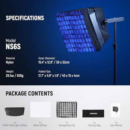 NEEWER Upgraded Softbox Diffuser for PL60C RGB LED Video Light Panel, 15.4"x12.6"/39x32cm Foldable with Grid/Bag/Blackout Hood, No Need to Remove Barndoors Quick Set Up for Portrait Soft Light, NS6S - style: NS6S for PL60C