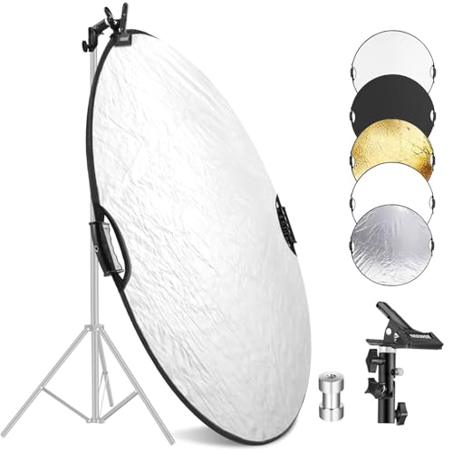 NEEWER 32"/80cm 5 in 1 Light Reflector with Clamp & Hand Grips, Polyester Multi Disc Photography Diffuser, Translucent/Silver/Gold/White/Black, 3/8" Thread, for Studio Outdoor Lighting, RF-80II - style: 80cm w/Clamp