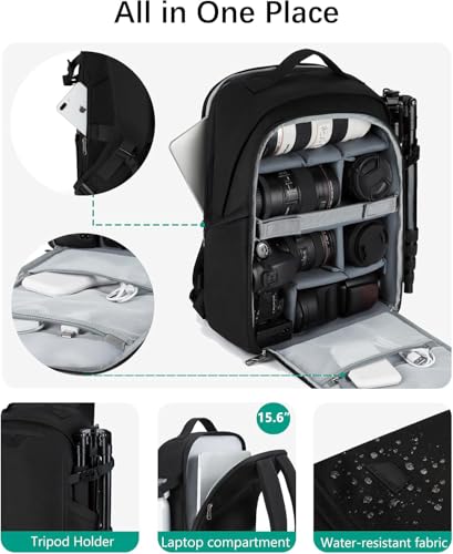 BAGSMART Camera Backpack, DSLR SLR Camera Bag Backpack Fits 15.6 Inch Laptop,Anti-Theft Waterproof Camera Case for Photographers,Men Women,with Rain Cover,Tripod Holder,Black - color: Black, size: Large