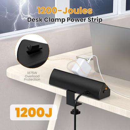 VILONG Desk Clamp Power Strip,65W Total Fast Charging Station,Desk Edge Mount Power Strip,8 USB Ports (4 USB C) & 5 AC Outlets,1200J Surge Protector (Black, 6, Feet, Power Strip) - color: Black